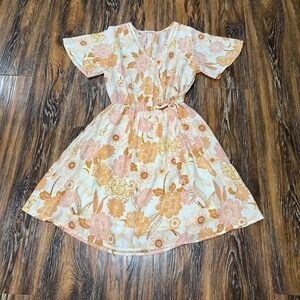 Sienna Sky Size S‎ Floral Faux Wrap Dress Tie Bow Prairie Church Feminine Beige